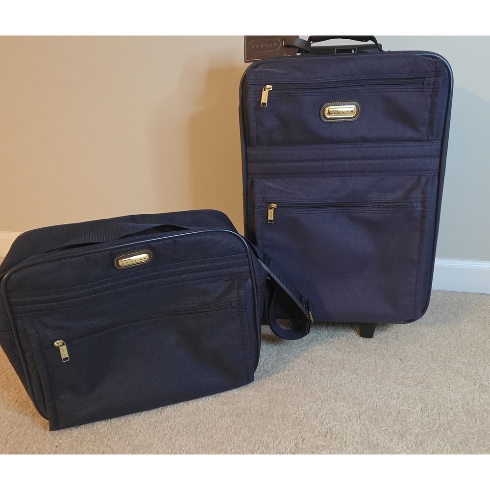 Jaguar 2 Piece Navy Blue Luggage Set Rolling Suitcase Carry On Travel Bag